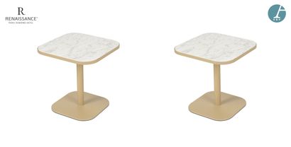 A pair of bedside tables, metal base and...
