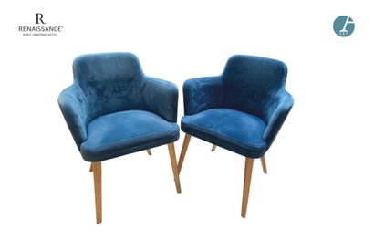 Pair of armchairs, natural wood legs, blue...