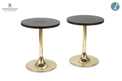 Pair of circular tables, gilded metal legs,...
