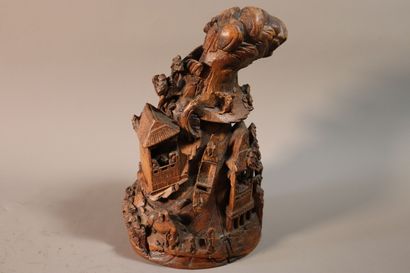 CHINE, XIXe siècle	
Groupe en bambou sculpté...