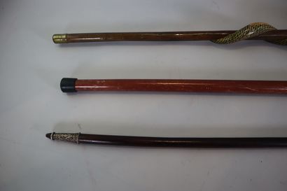 Lot de 3 cannes en bois, l'une entrelacée...