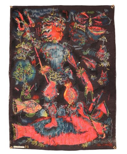 CH. COMBAL (XXth) 
Black wool tapestry with...