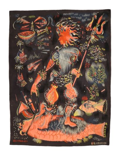 CH. COMBAL (XXth) 
Black wool tapestry with...