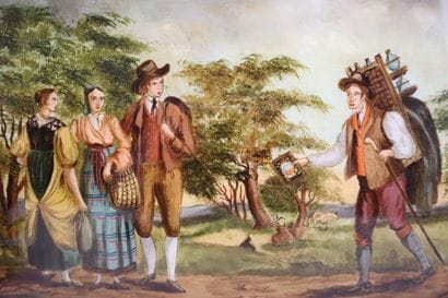 Large glass-framed painting of the peddler
19th...