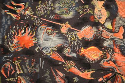 CH. COMBAL (XXth) 
Black wool tapestry with...
