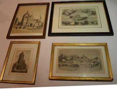 Ensemble de 4 gravures représentant Pont...