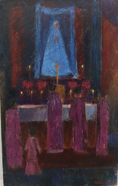 Set of seven oil-on-panels depicting a religious...