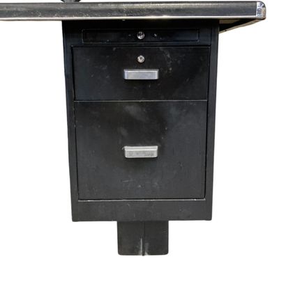 Industrial metal desk, leather-trimmed top...