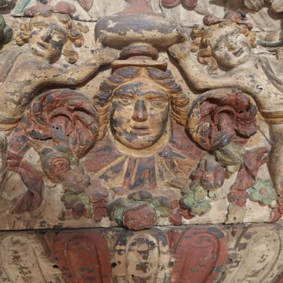 South America, polychrome carved wood pediment...