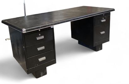 Industrial metal desk, leather-trimmed top...