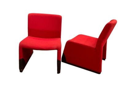 Pair of sculptural armchairs in vermilion-red...