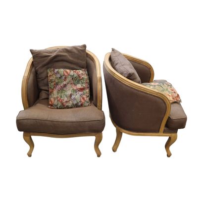 Pair of modern bergères in natural wood,...