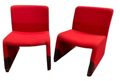 Pair of sculptural armchairs in vermilion-red...