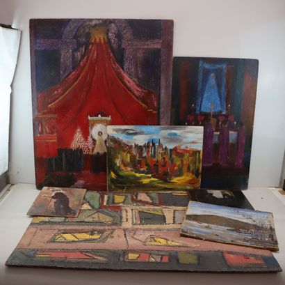 Set of seven oil-on-panels depicting a religious...