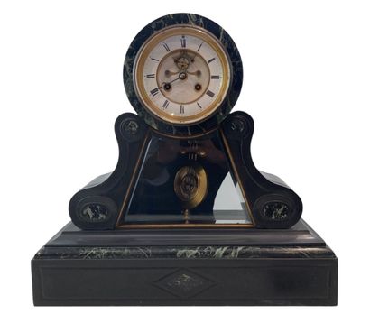 Black marble clock with white and green veins,...