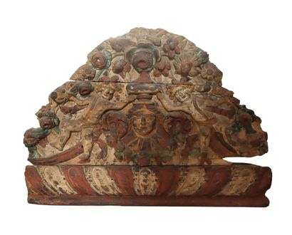 South America, polychrome carved wood pediment...