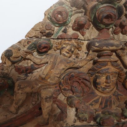 South America, polychrome carved wood pediment...
