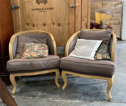 Pair of modern bergères in natural wood,...