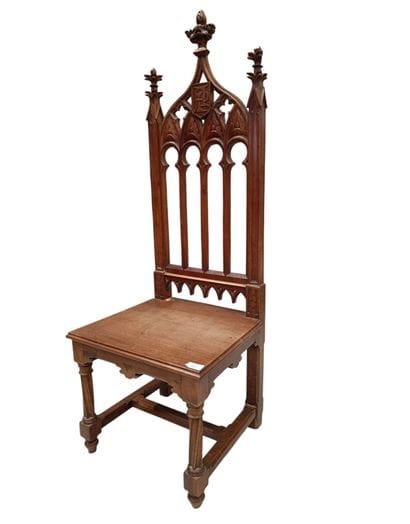 Carved and molded oak chair, high cathedral...