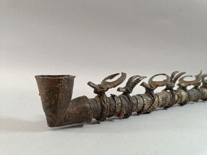 Bamileke wooden pipe with a bronze ferrule...