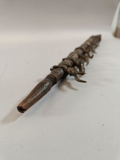 Bamileke wooden pipe with a bronze ferrule...