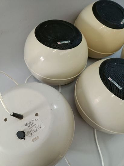 BOUYER Set of five white spherical speakers,...