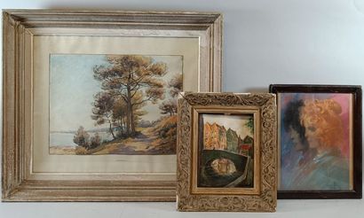 20th-Century School
Set of three framed pieces,...