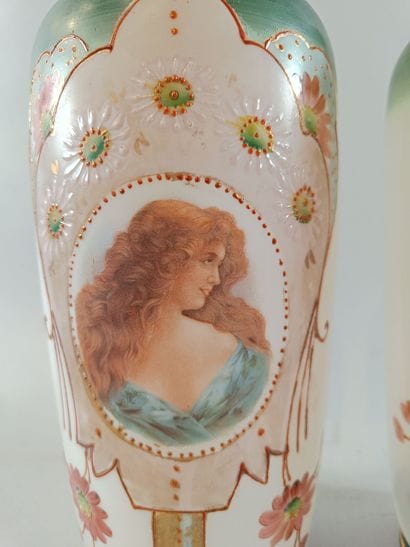 Pair of opaline vases decorated with profiles...