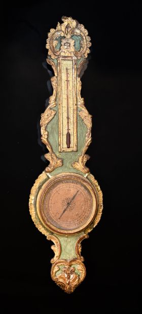 Polychrome carved wooden barometer-thermometer...