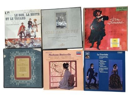 A collection of about sixty vinyl records...