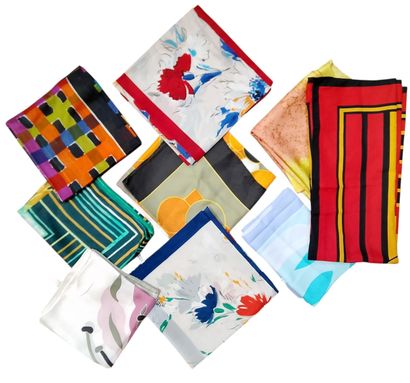 Set of nine scarves in silk, cotton, and...