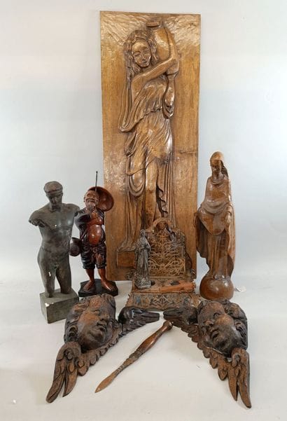 A collection of carved wood and miscellaneous...