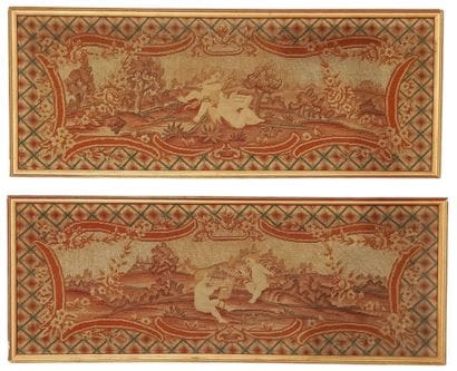 Two framed tapestries depicting putti as...