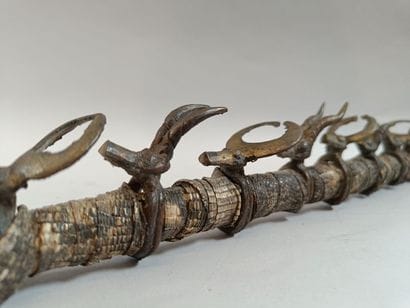 Bamileke wooden pipe with a bronze ferrule...