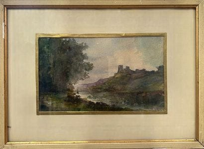 19th-century school. 
Landscape with ruins...