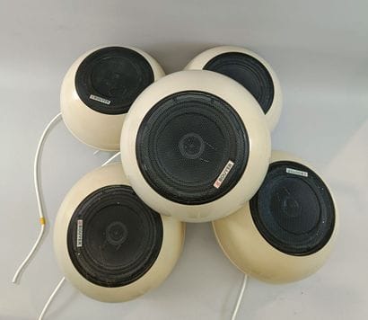 BOUYER Set of five white spherical speakers,...
