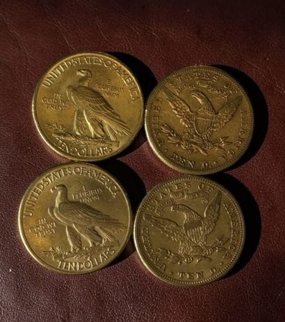 - 10 USD en or jaune (x2), tête d'indien,...