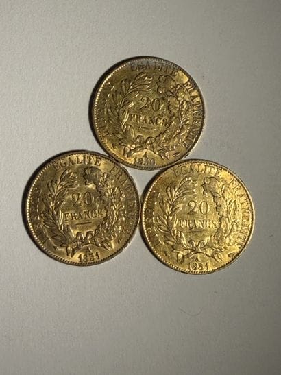 SECOND EMPIRE
Trois monnaies 20F or, 1850...