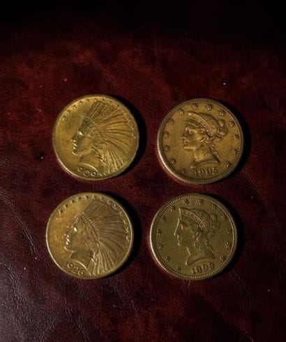 - 10 USD en or jaune (x2), tête d'indien,...
