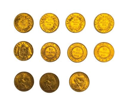 Onze pièces en or de 20 Francs 
Napoléon...