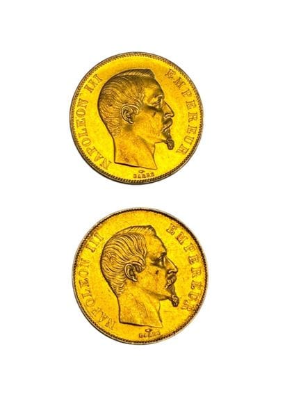 Deux pièces en or de 50 Francs Napoléon tête...