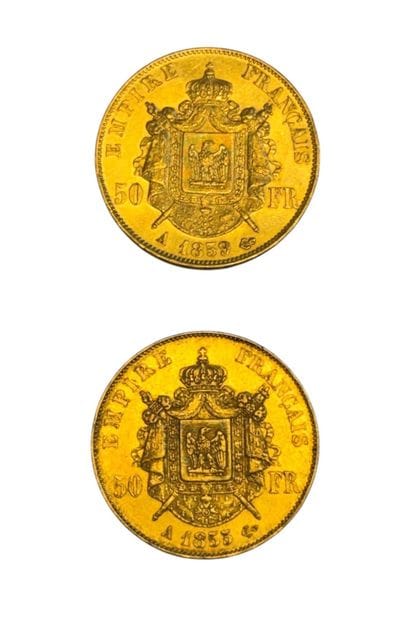 Deux pièces en or de 50 Francs Napoléon tête...
