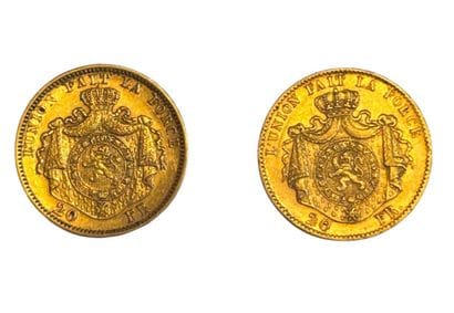 Deux pièces en or de 20 Francs Leopold II...