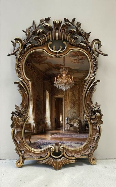 Miroir biseauté en bois et stuc doré à décor...