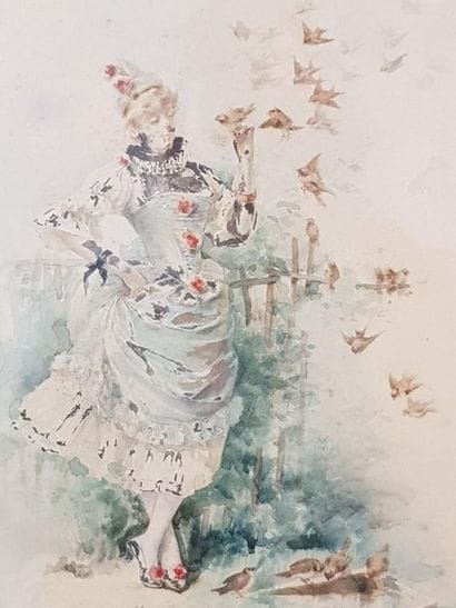 Eugène GRIVAZ (1852-1915) Femme aux moineaux,...