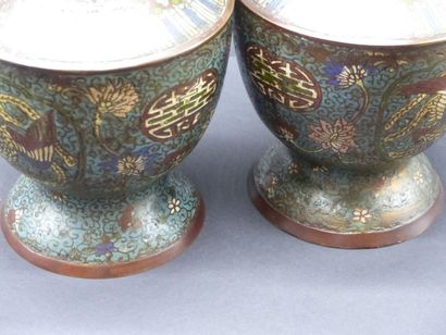 CHINE. Paire de vases potiches en émaux cloisonnés....