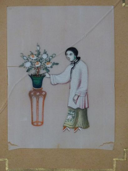CHINE. Personnages, gouache sur papier de...