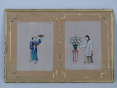 CHINE. Personnages, gouache sur papier de...