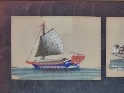 Chine. Suite de 6 navires . Gouache sur papier...