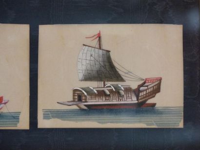 Chine. Suite de 6 navires . Gouache sur papier...
